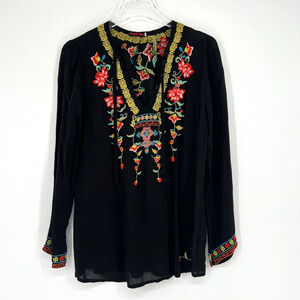 Johnny Was Top Womens‎ S Black Embroidered Boho Floral Lightweight Hippie